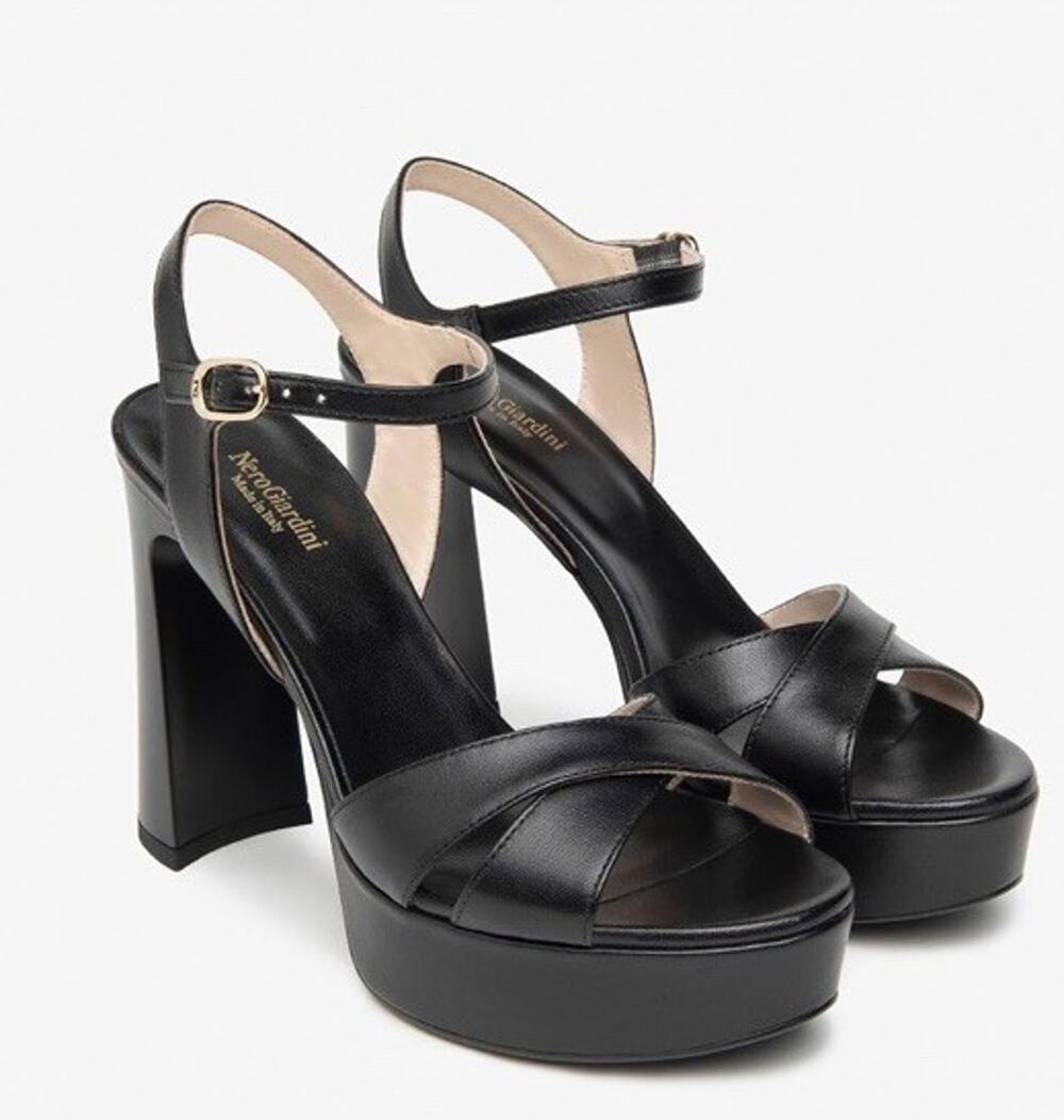 Nero Giardini Black Nappa Pandora Italian Leather Platform Sandal Heels EU39 US8